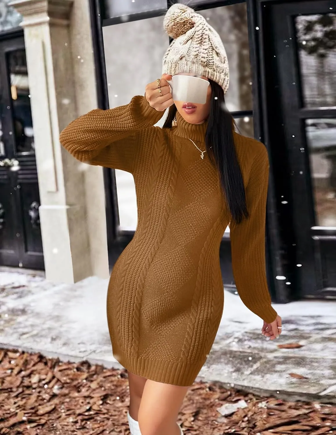 Womens Cute Turtleneck Cable Knit Sweater Dress Fall 2024 Dressy Casual Lightweight Slim Fit Mini Dresses
