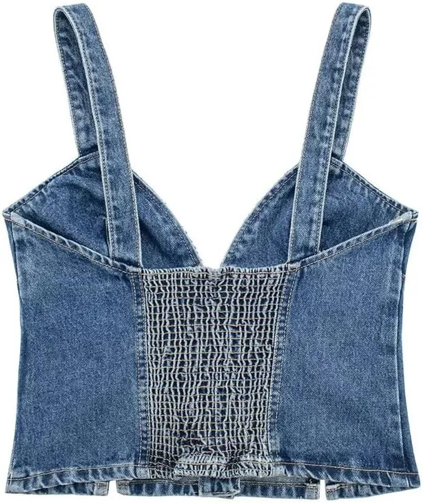 Womens Denim Crop Tops Sexy Off Shoulder Backless Slim Strappy Top Summer Bustier Denim Tank Tops