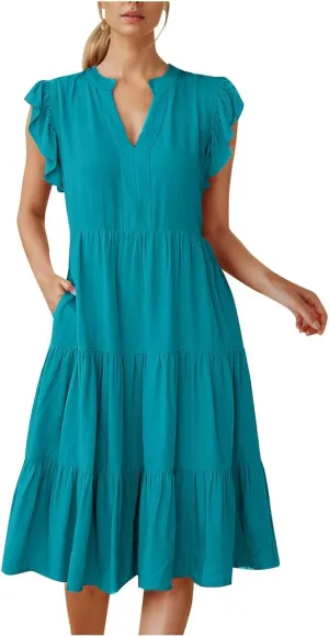 Women's Dresses 2025 Trendy Short Ruffle Sleeve Midi Dress V Neck Above Knee Flowy Tiered Summer Casual Sundress