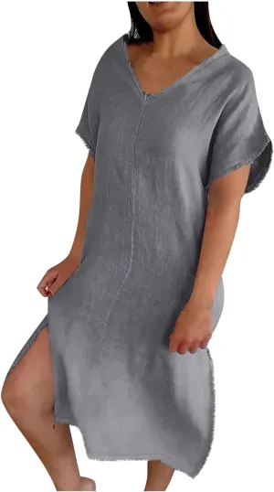 Womens Dresses Cotton Linen Raw Hemline V Neck Midi Dress Ladies Casual Shift Dress Loose Baggy Beach Sundress Loungewear