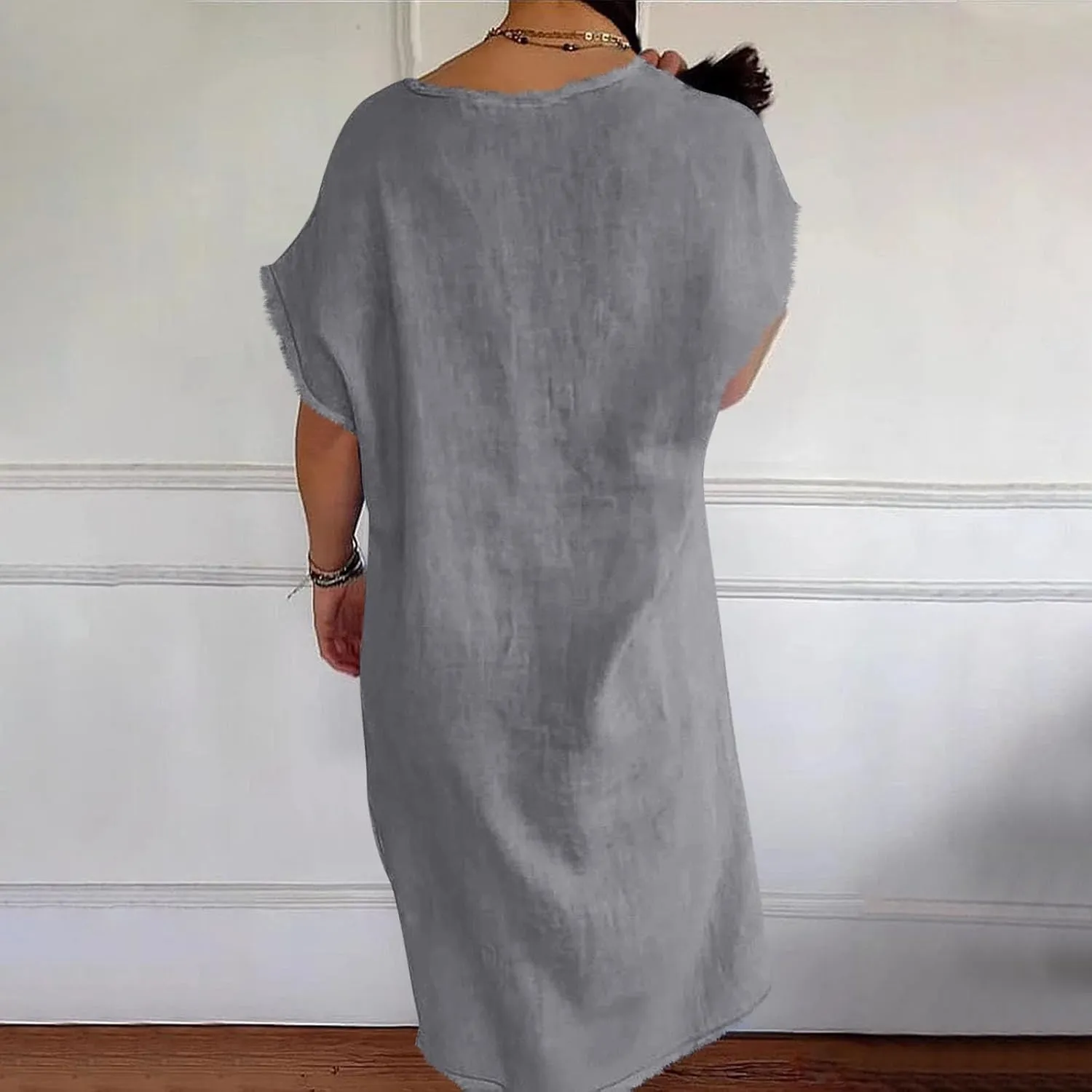 Womens Dresses Cotton Linen Raw Hemline V Neck Midi Dress Ladies Casual Shift Dress Loose Baggy Beach Sundress Loungewear
