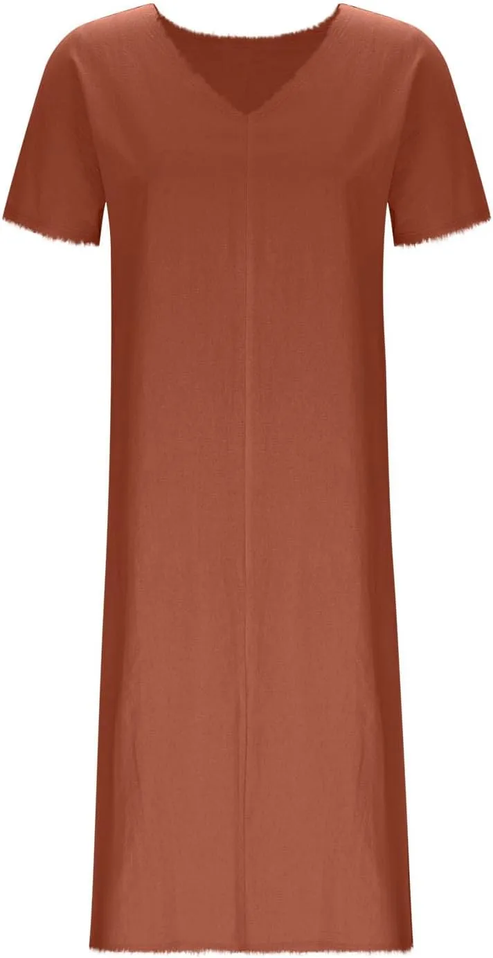 Womens Dresses Cotton Linen Raw Hemline V Neck Midi Dress Ladies Casual Shift Dress Loose Baggy Beach Sundress Loungewear