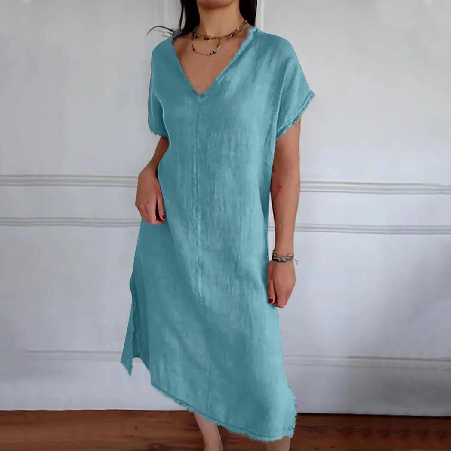 Womens Dresses Cotton Linen Raw Hemline V Neck Midi Dress Ladies Casual Shift Dress Loose Baggy Beach Sundress Loungewear