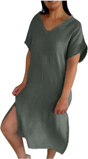 Womens Dresses Cotton Linen Raw Hemline V Neck Midi Dress Ladies Casual Shift Dress Loose Baggy Beach Sundress Loungewear