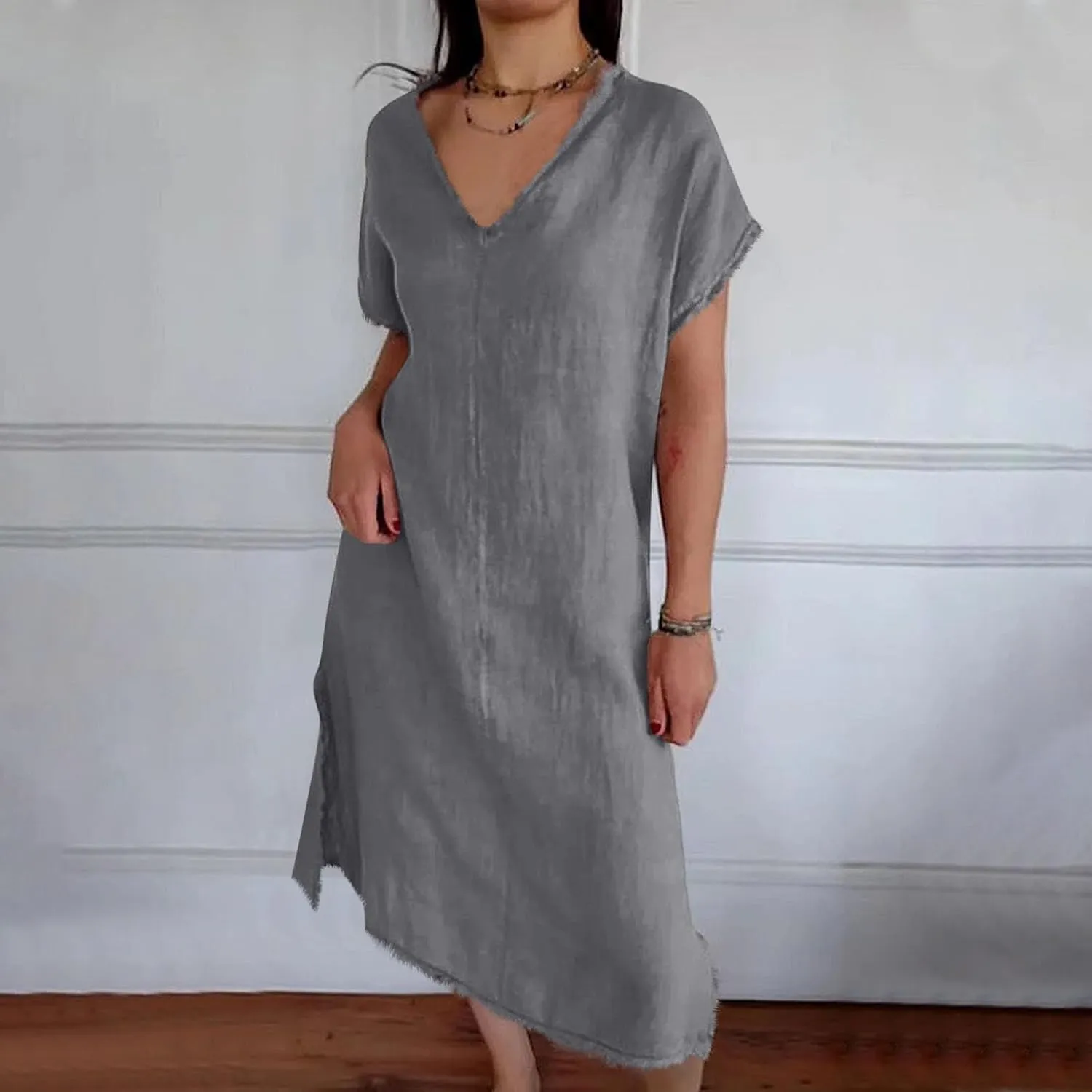 Womens Dresses Cotton Linen Raw Hemline V Neck Midi Dress Ladies Casual Shift Dress Loose Baggy Beach Sundress Loungewear