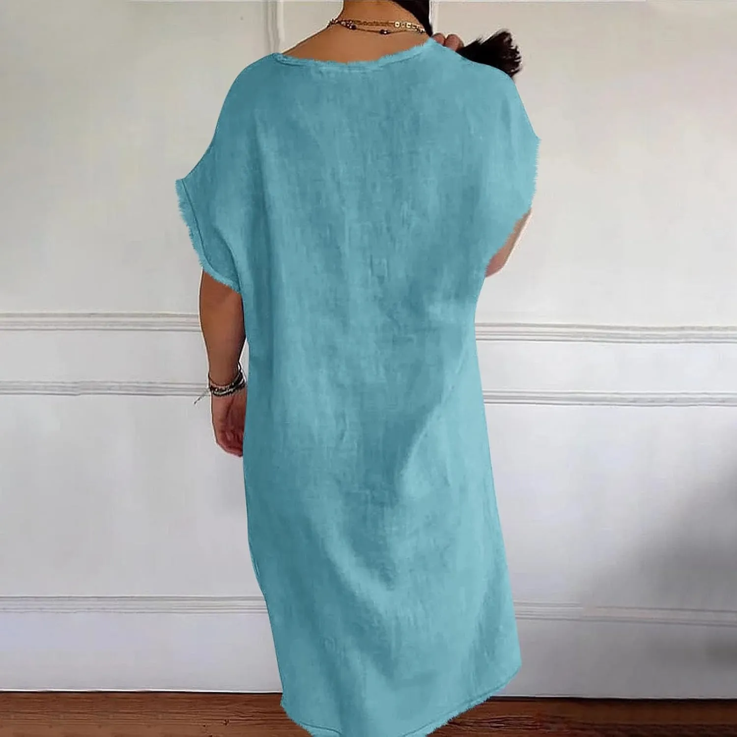 Womens Dresses Cotton Linen Raw Hemline V Neck Midi Dress Ladies Casual Shift Dress Loose Baggy Beach Sundress Loungewear