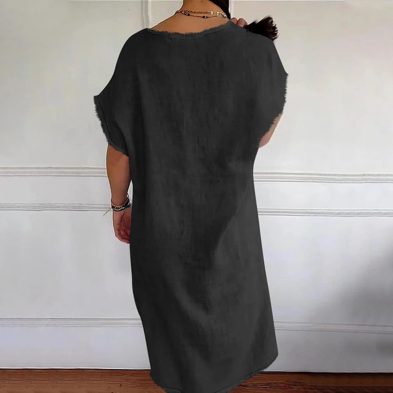 Womens Dresses Cotton Linen Raw Hemline V Neck Midi Dress Ladies Casual Shift Dress Loose Baggy Beach Sundress Loungewear