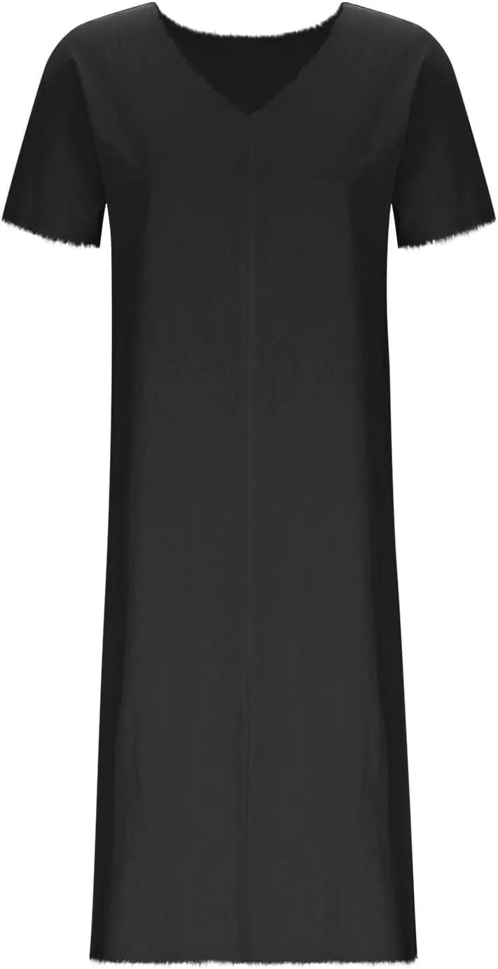 Womens Dresses Cotton Linen Raw Hemline V Neck Midi Dress Ladies Casual Shift Dress Loose Baggy Beach Sundress Loungewear