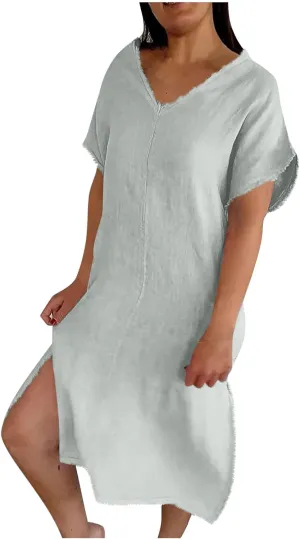 Womens Dresses Cotton Linen Raw Hemline V Neck Midi Dress Ladies Casual Shift Dress Loose Baggy Beach Sundress Loungewear