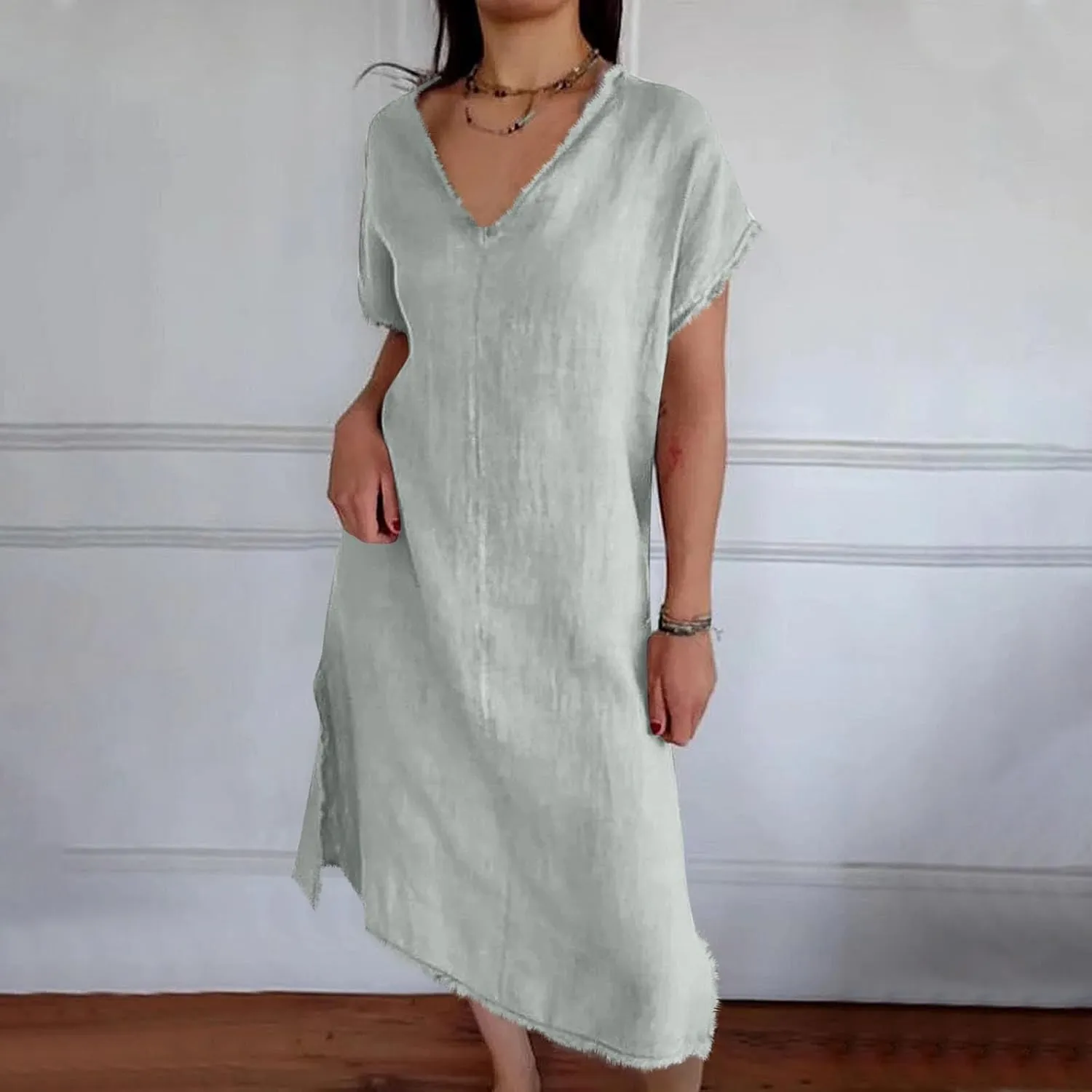 Womens Dresses Cotton Linen Raw Hemline V Neck Midi Dress Ladies Casual Shift Dress Loose Baggy Beach Sundress Loungewear