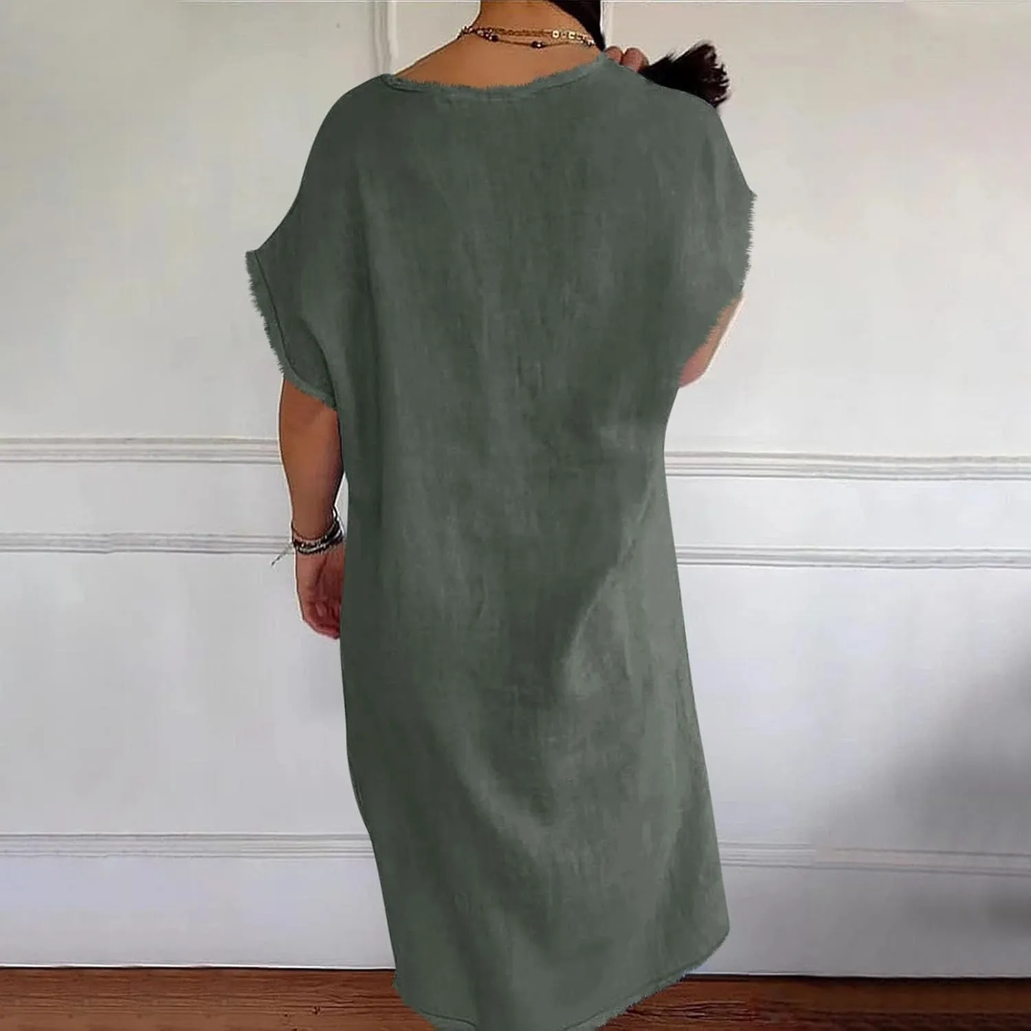 Womens Dresses Cotton Linen Raw Hemline V Neck Midi Dress Ladies Casual Shift Dress Loose Baggy Beach Sundress Loungewear