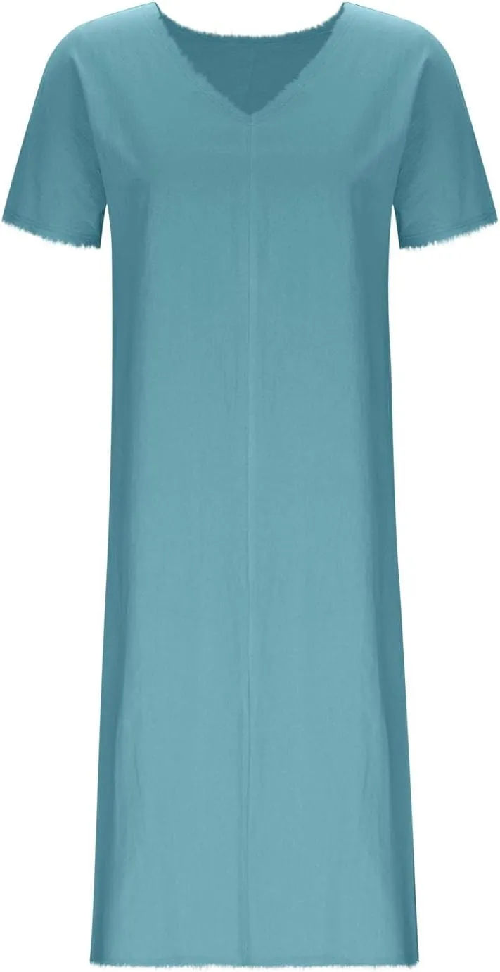 Womens Dresses Cotton Linen Raw Hemline V Neck Midi Dress Ladies Casual Shift Dress Loose Baggy Beach Sundress Loungewear