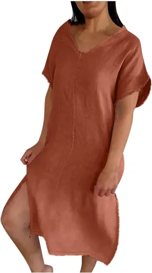 Womens Dresses Cotton Linen Raw Hemline V Neck Midi Dress Ladies Casual Shift Dress Loose Baggy Beach Sundress Loungewear