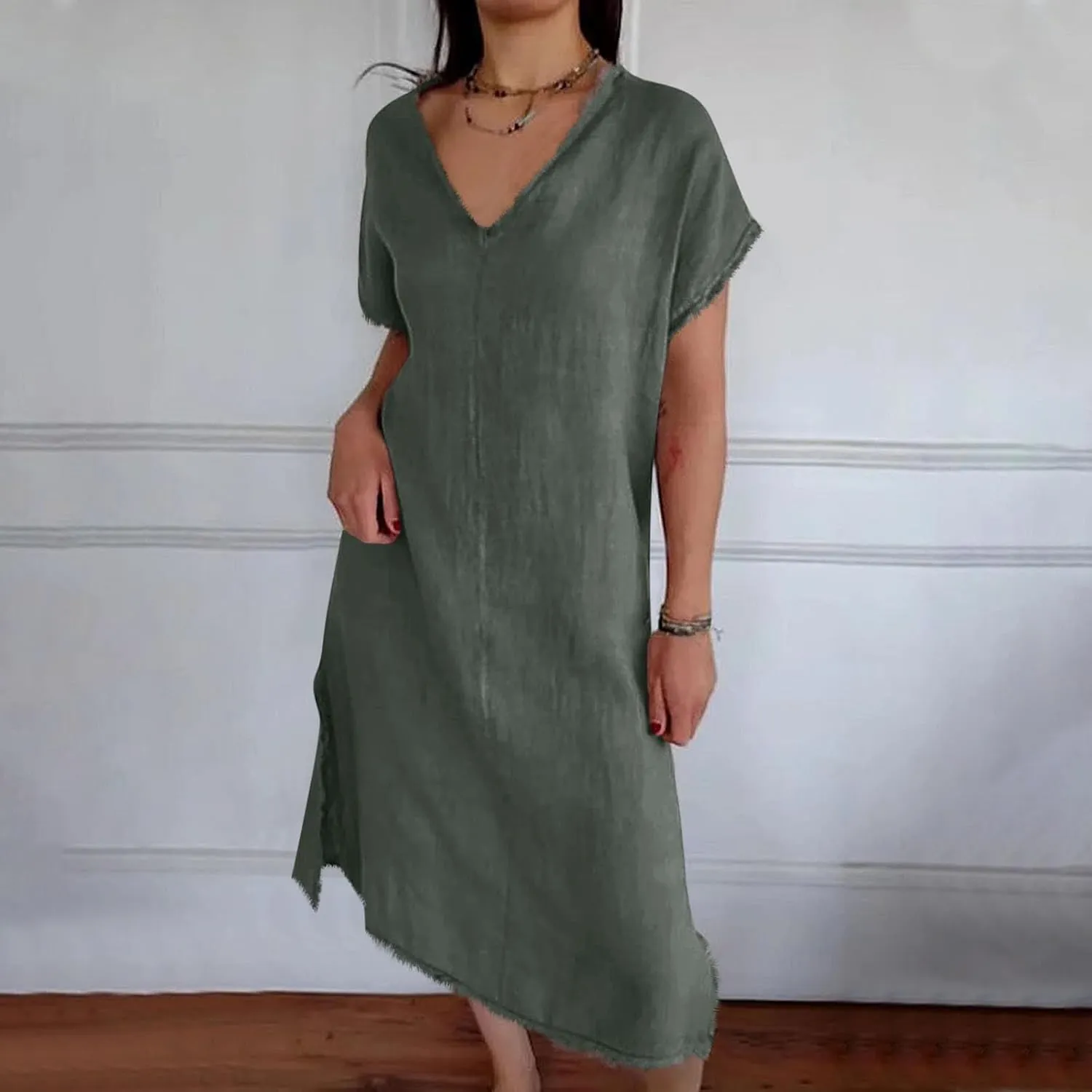 Womens Dresses Cotton Linen Raw Hemline V Neck Midi Dress Ladies Casual Shift Dress Loose Baggy Beach Sundress Loungewear