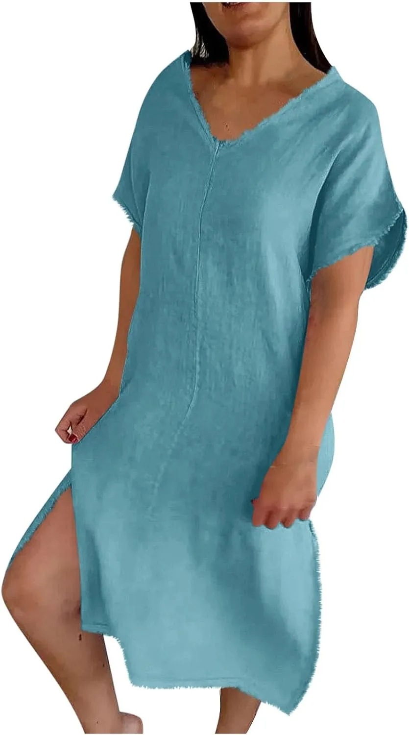 Womens Dresses Cotton Linen Raw Hemline V Neck Midi Dress Ladies Casual Shift Dress Loose Baggy Beach Sundress Loungewear