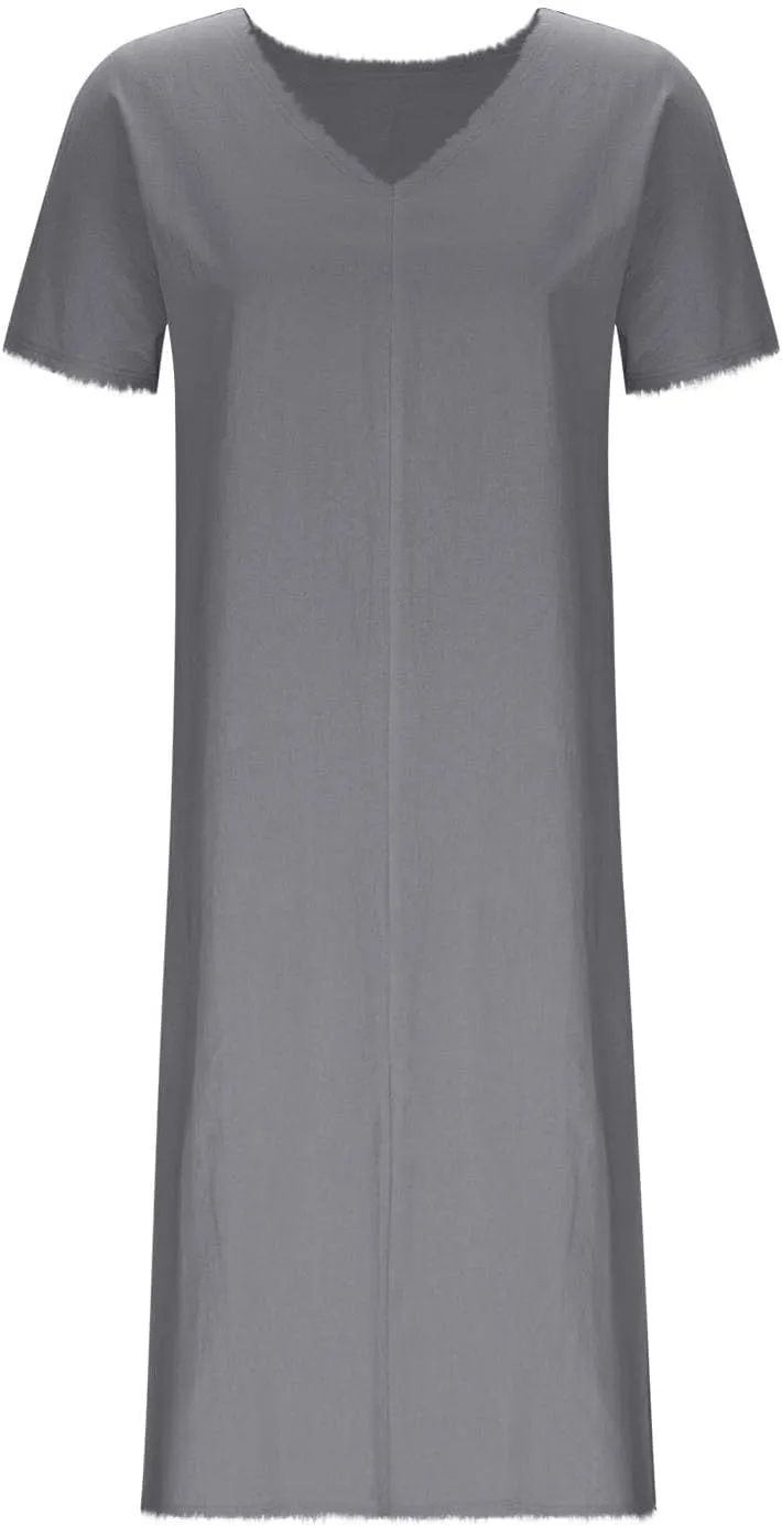 Womens Dresses Cotton Linen Raw Hemline V Neck Midi Dress Ladies Casual Shift Dress Loose Baggy Beach Sundress Loungewear