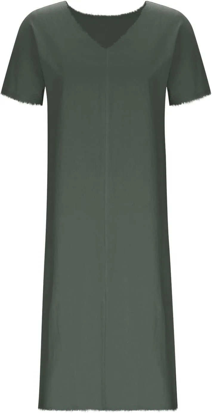 Womens Dresses Cotton Linen Raw Hemline V Neck Midi Dress Ladies Casual Shift Dress Loose Baggy Beach Sundress Loungewear