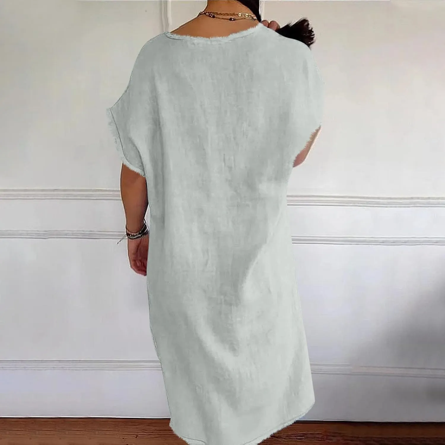 Womens Dresses Cotton Linen Raw Hemline V Neck Midi Dress Ladies Casual Shift Dress Loose Baggy Beach Sundress Loungewear