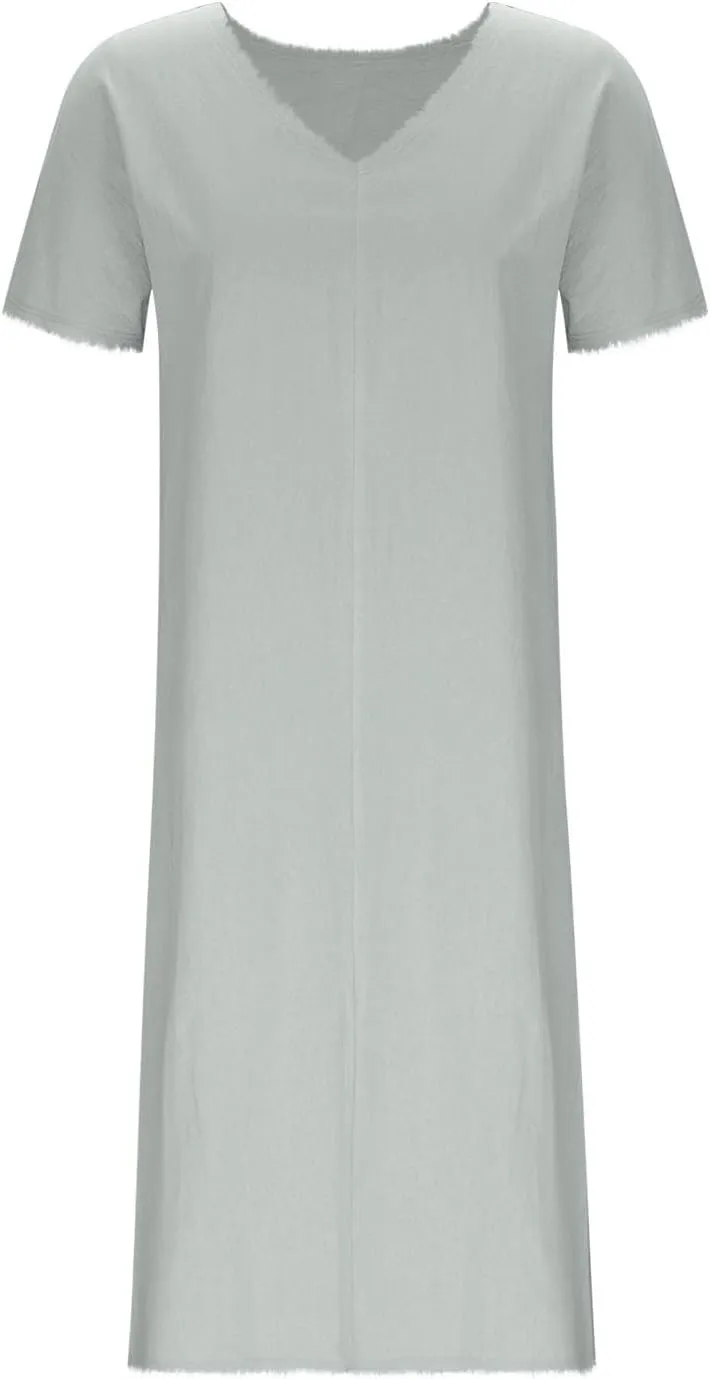 Womens Dresses Cotton Linen Raw Hemline V Neck Midi Dress Ladies Casual Shift Dress Loose Baggy Beach Sundress Loungewear