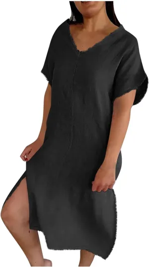 Womens Dresses Cotton Linen Raw Hemline V Neck Midi Dress Ladies Casual Shift Dress Loose Baggy Beach Sundress Loungewear