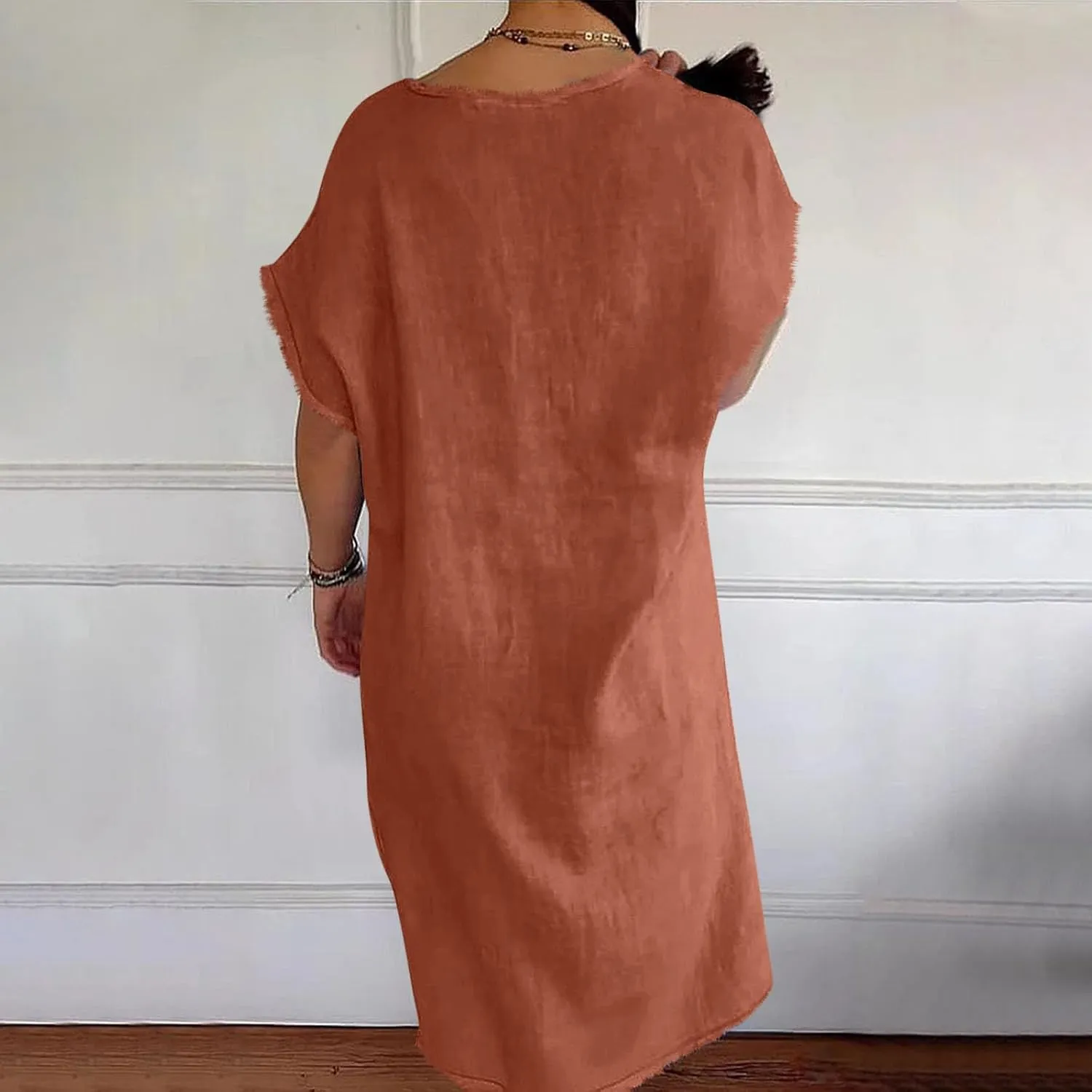 Womens Dresses Cotton Linen Raw Hemline V Neck Midi Dress Ladies Casual Shift Dress Loose Baggy Beach Sundress Loungewear