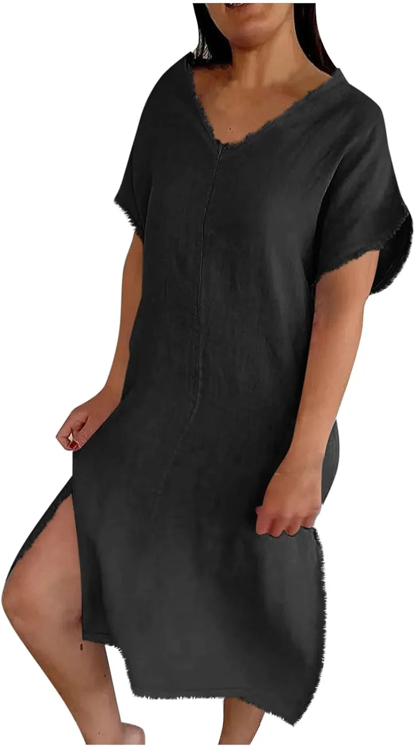Womens Dresses Cotton Linen Raw Hemline V Neck Midi Dress Ladies Casual Shift Dress Loose Baggy Beach Sundress Loungewear