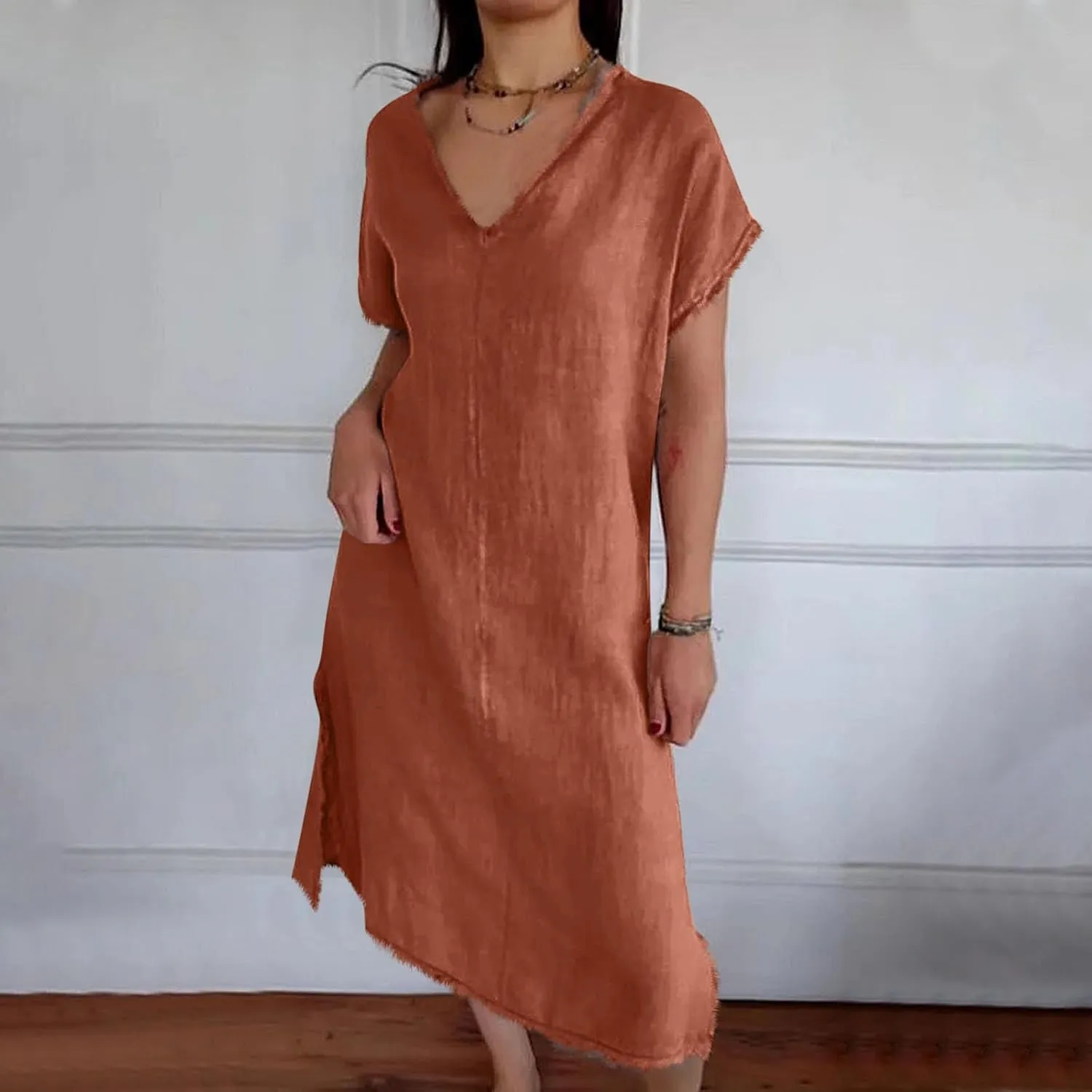 Womens Dresses Cotton Linen Raw Hemline V Neck Midi Dress Ladies Casual Shift Dress Loose Baggy Beach Sundress Loungewear