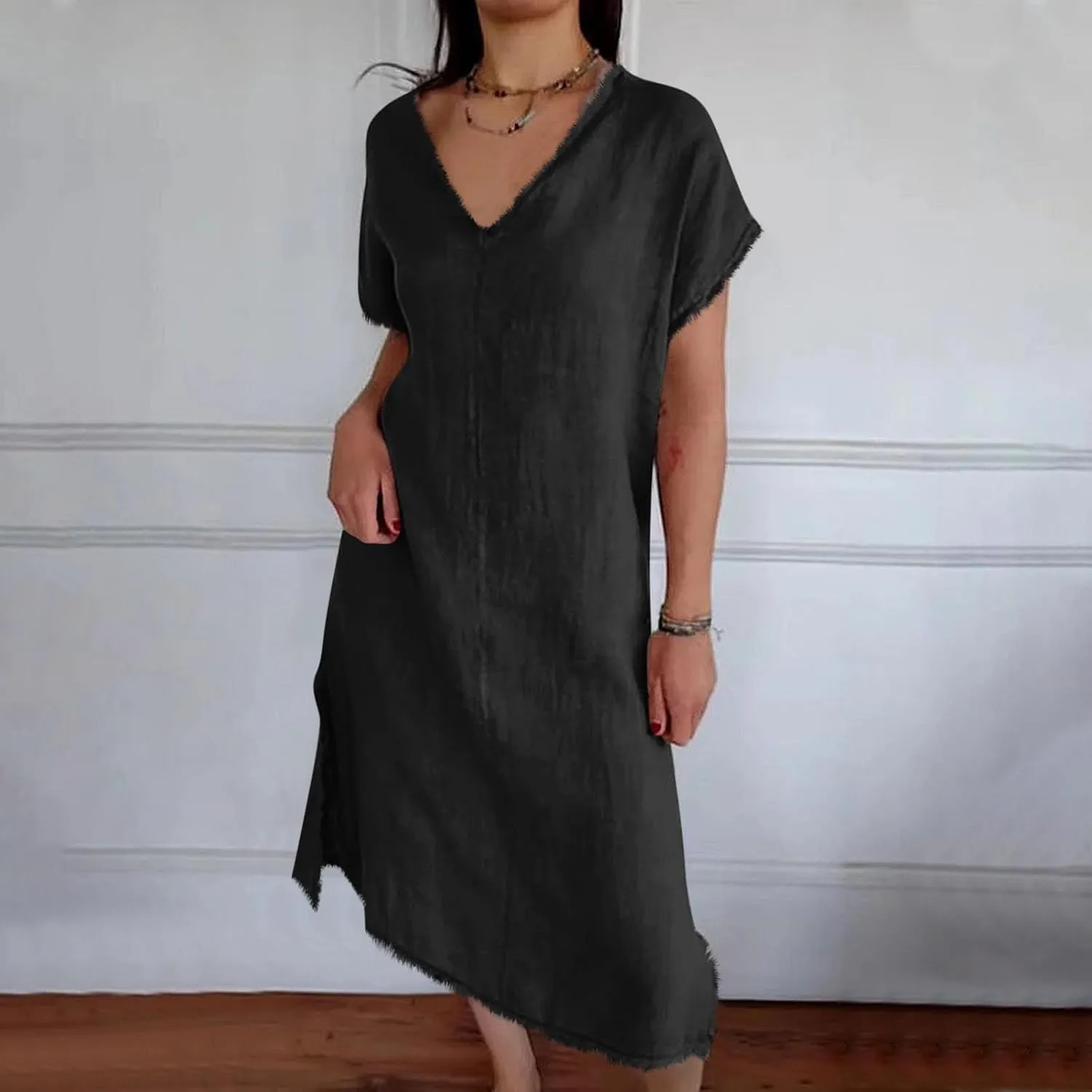 Womens Dresses Cotton Linen Raw Hemline V Neck Midi Dress Ladies Casual Shift Dress Loose Baggy Beach Sundress Loungewear