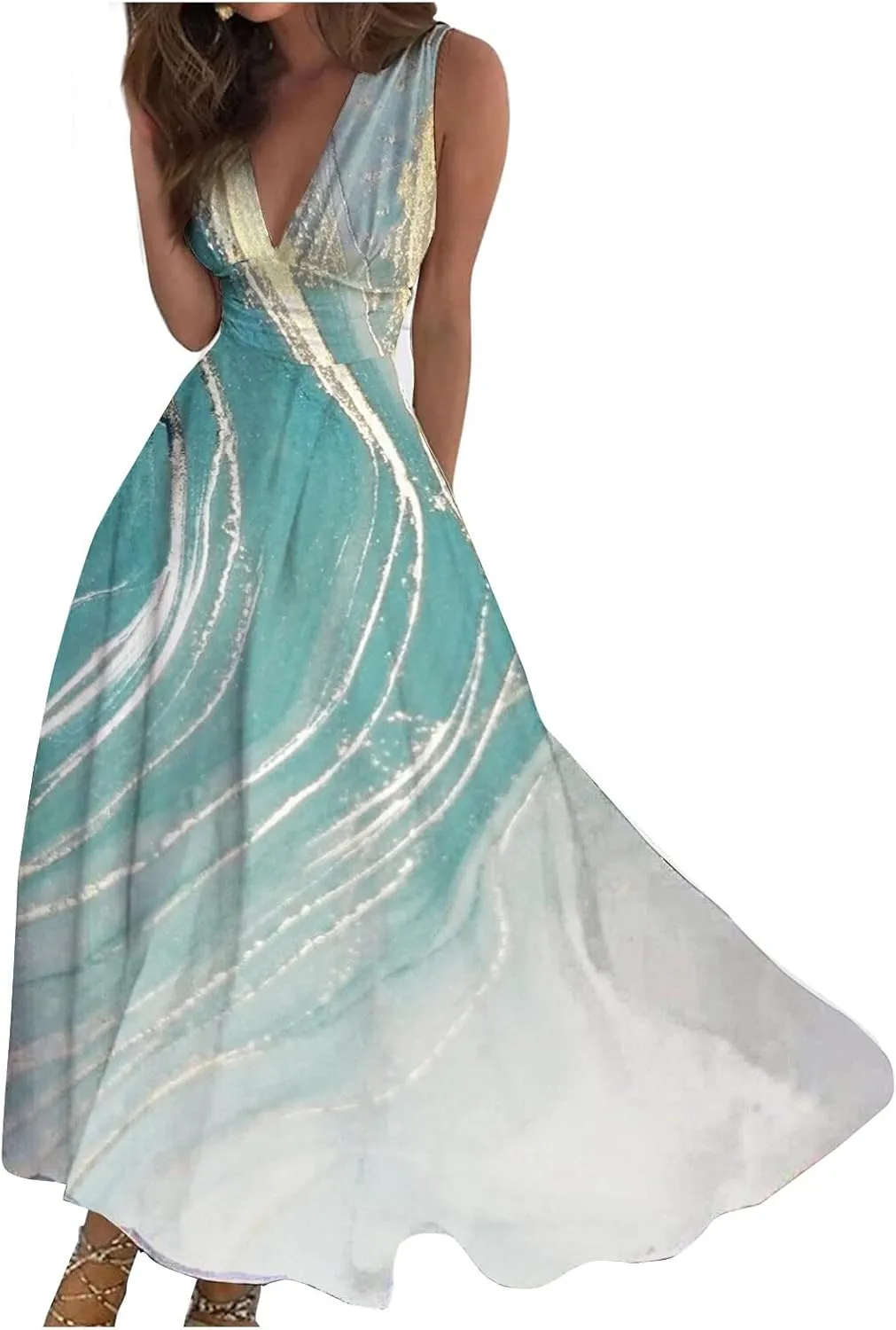 Womens Dresses High Waiste Printed Sundresses Deep V Neck Sleeveless Dresses Flowy Stylish Dresses Retro Maxi Dress