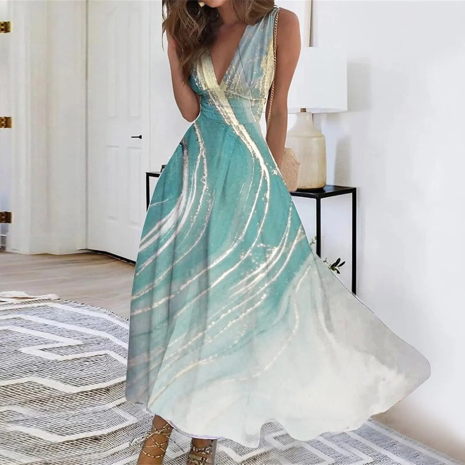 Womens Dresses High Waiste Printed Sundresses Deep V Neck Sleeveless Dresses Flowy Stylish Dresses Retro Maxi Dress