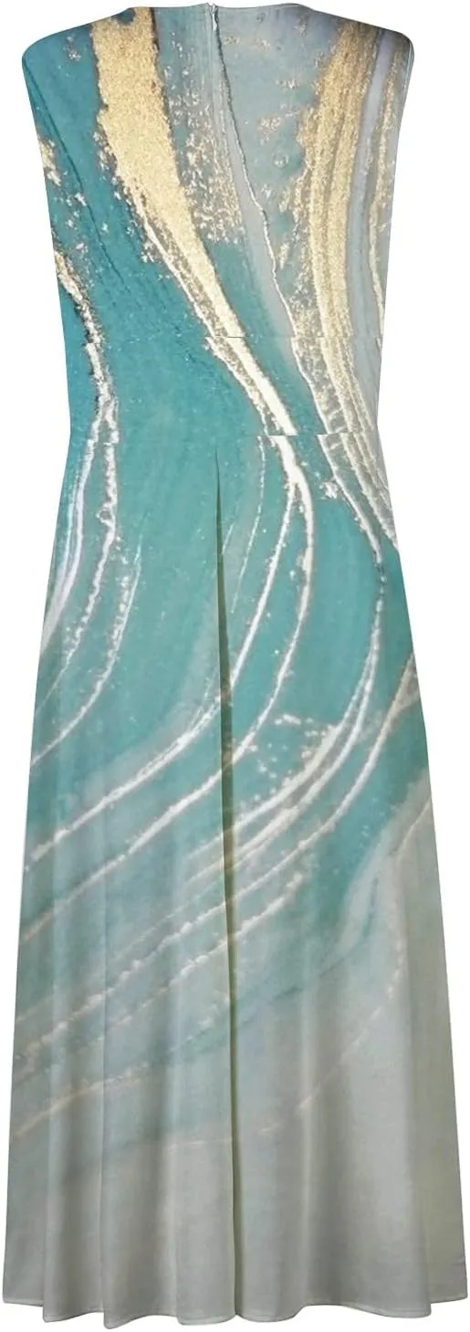 Womens Dresses High Waiste Printed Sundresses Deep V Neck Sleeveless Dresses Flowy Stylish Dresses Retro Maxi Dress