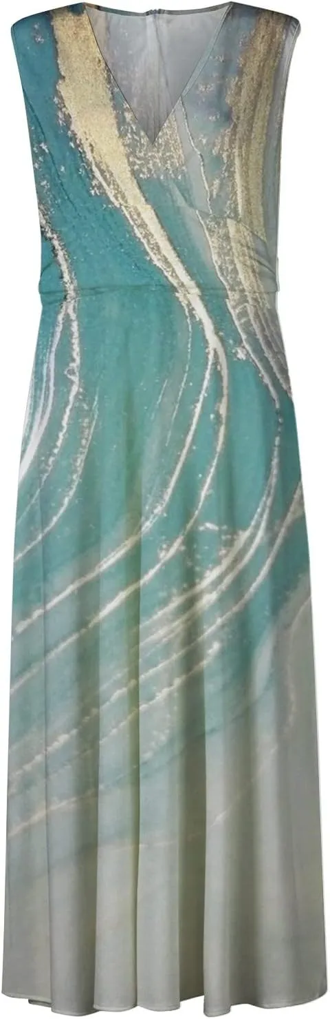 Womens Dresses High Waiste Printed Sundresses Deep V Neck Sleeveless Dresses Flowy Stylish Dresses Retro Maxi Dress