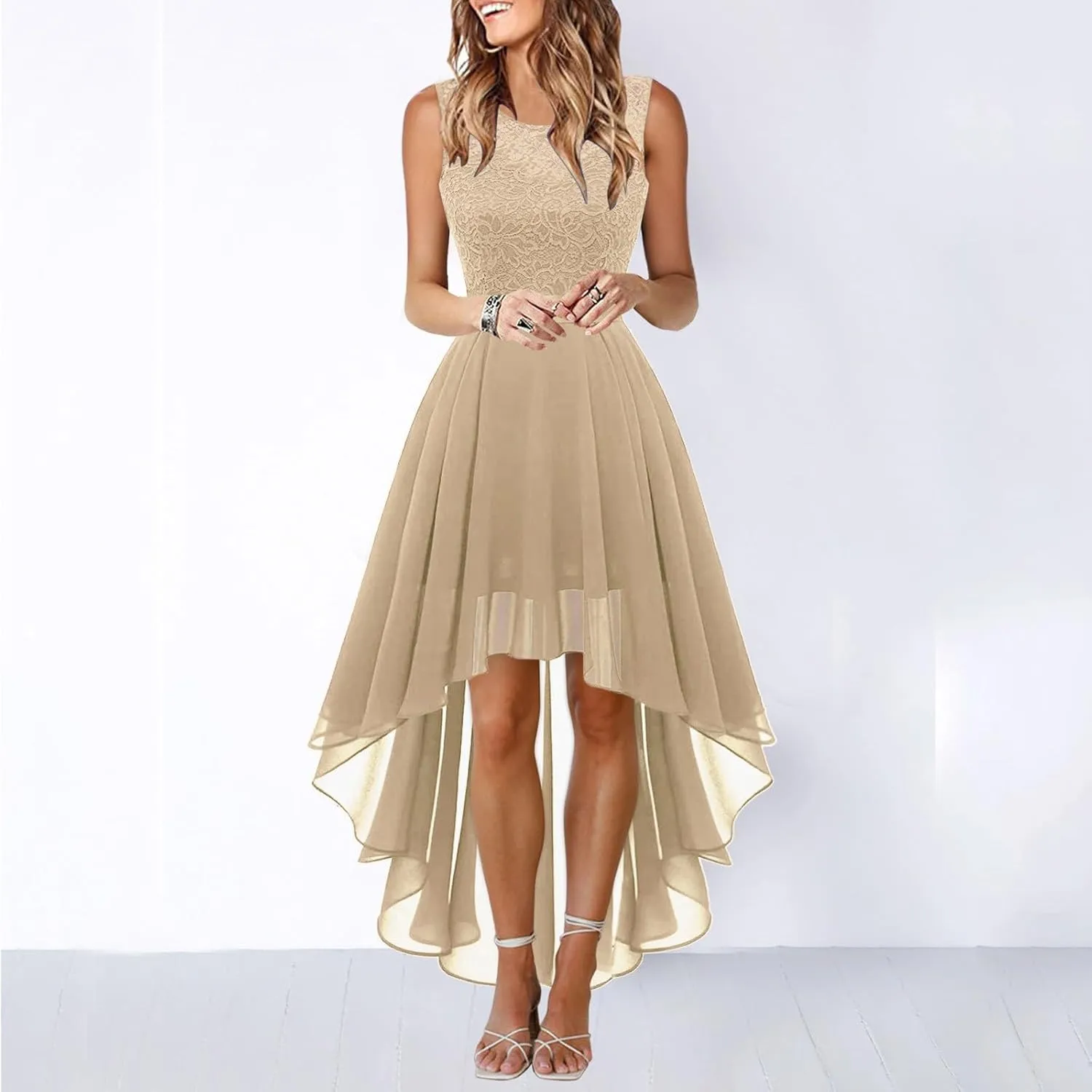 Womens Dresses Sleeveless Lace High Low Homecoming Dress Cocktail Prom Dresses 2025 Formal Wedding Guest Dresses