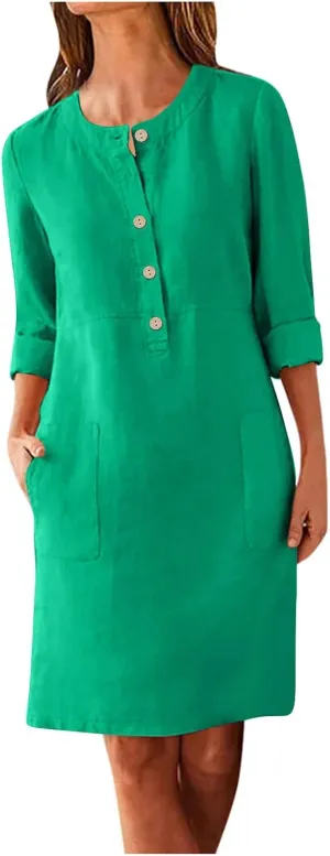 Women's Dresses Summer 2024 Dresses Casual Loose Solid Color Round Neck Short Sleeve Button Dresses, S-5XL