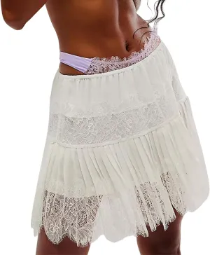 Women's Fashion Mini Skirts Mid-Rise Pleated Lace Skirts Spring Summer Casual Short Skirts
