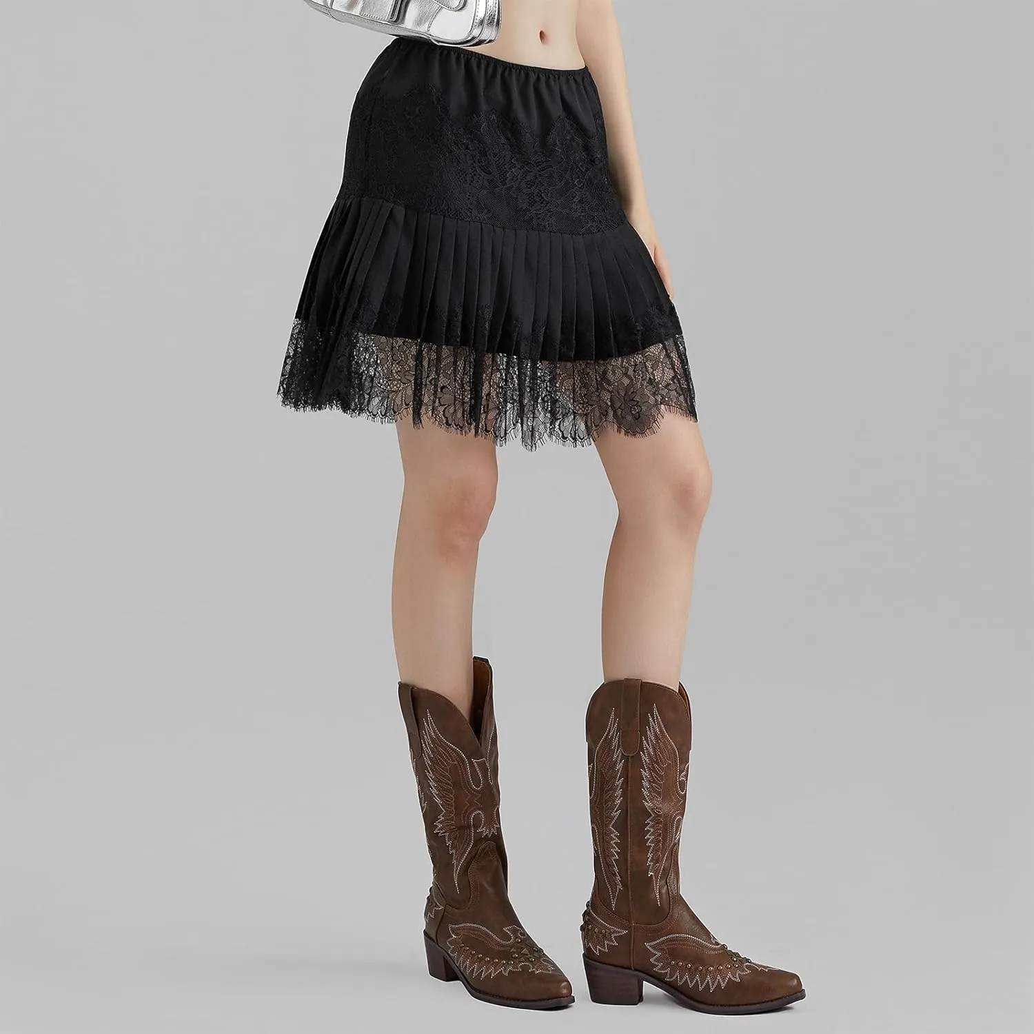 Women's Fashion Mini Skirts Mid-Rise Pleated Lace Skirts Spring Summer Casual Short Skirts