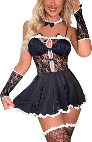 Womens Fishnet Mini Dress Lace See-through Lingerie Sheer Top attached Pleated Skirt Cat Cosplay Costume French Maid Outfit Halloween Black Fancy Dress Bodycon with Gloves, Stockings