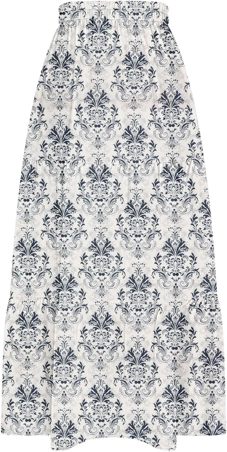 Women's Floral Long Skirts Split Summer Skirts Elastic Waist Flowy Maxi Skirt A Line Beach Skirts Boho Casual Skirts