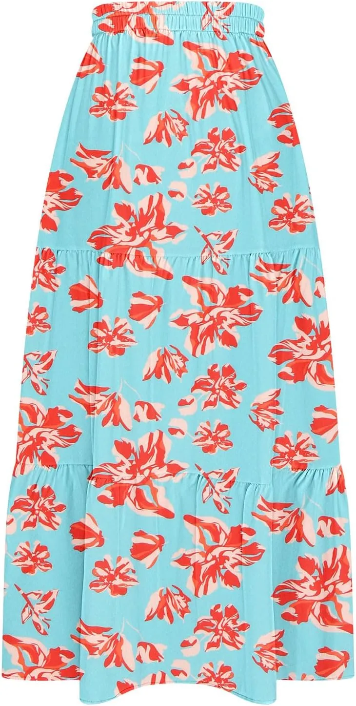 Women's Floral Long Skirts Split Summer Skirts Elastic Waist Flowy Maxi Skirt A Line Beach Skirts Boho Casual Skirts