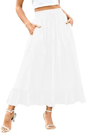 Womens Flowy Maxi Skirts Summer Dressy Drawstring Elastic High Rise Boho Long Skirt Pleated Hem Solid Color Skirts