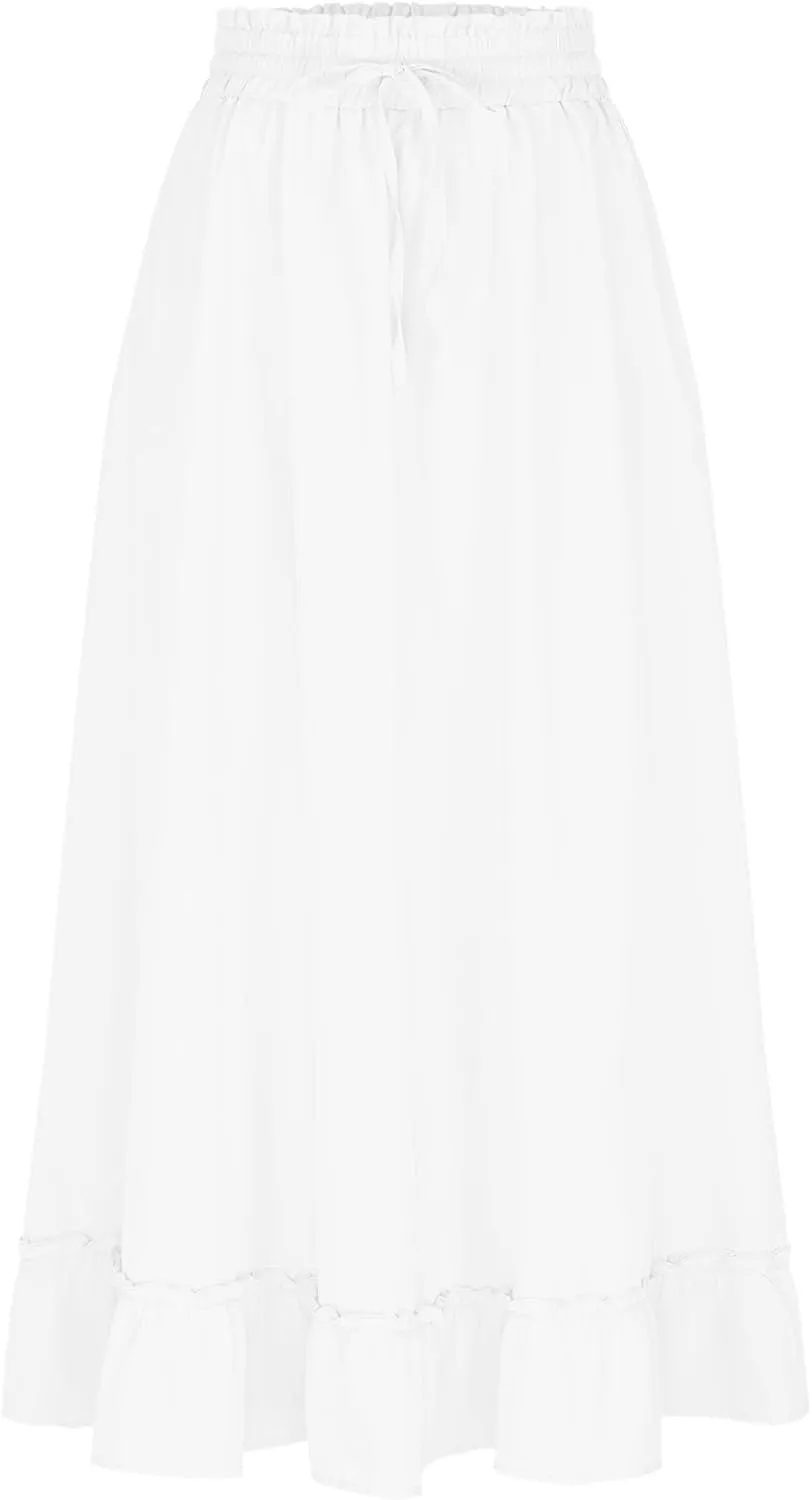 Womens Flowy Maxi Skirts Summer Dressy Drawstring Elastic High Rise Boho Long Skirt Pleated Hem Solid Color Skirts