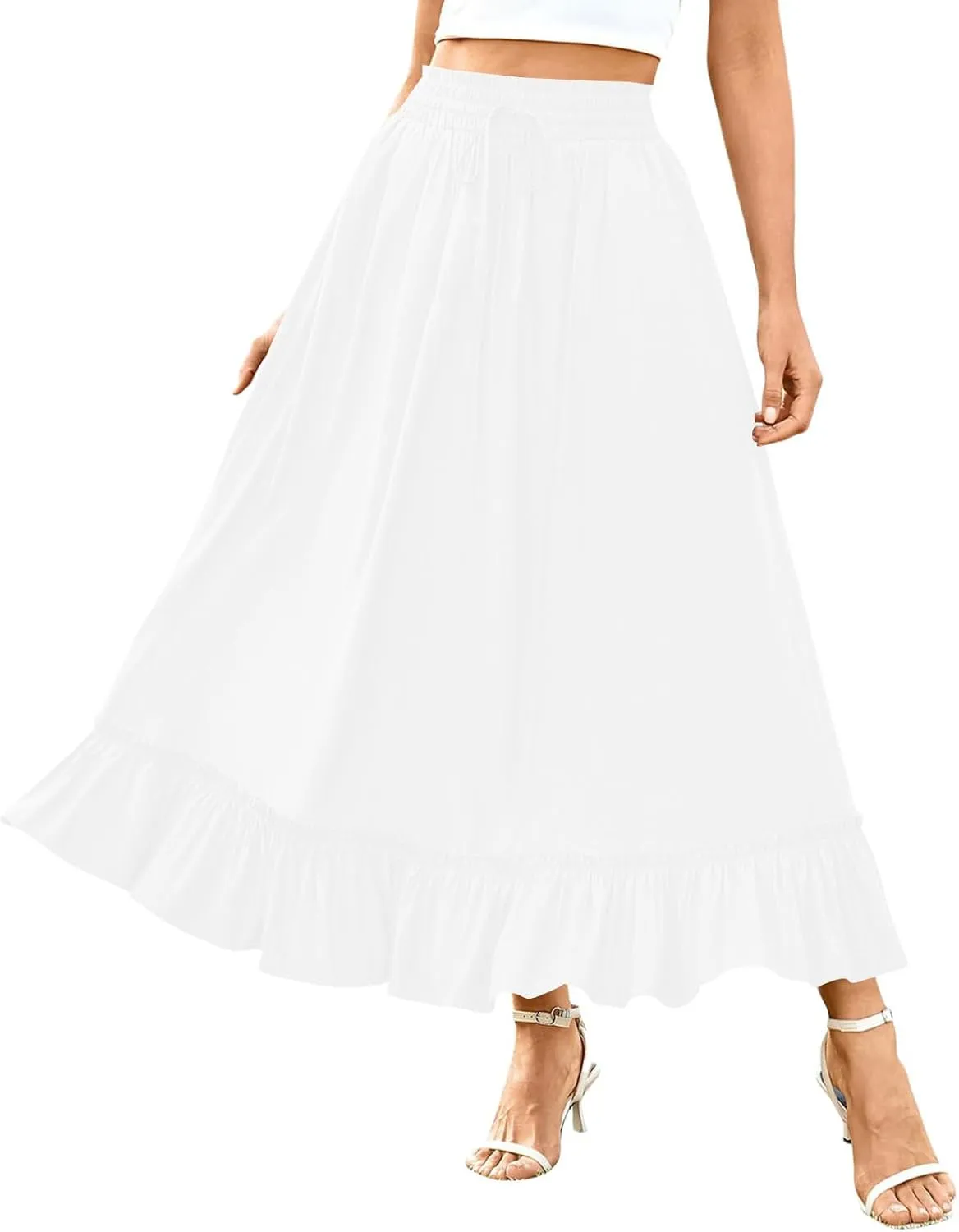 Womens Flowy Maxi Skirts Summer Dressy Drawstring Elastic High Rise Boho Long Skirt Pleated Hem Solid Color Skirts