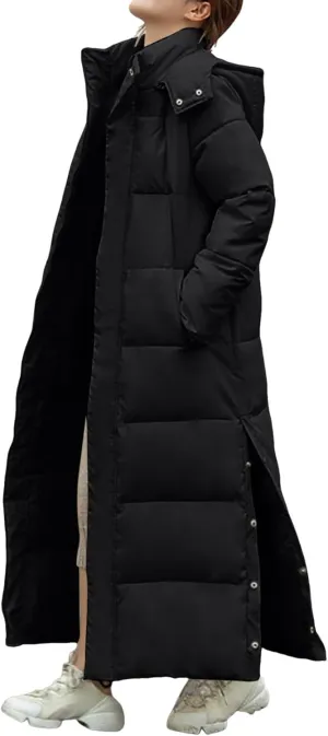 Women's Full Length Winter Warm Puffer Coats Side Split Stand Collar Down Jackets Windproof Outerwear with Pockets