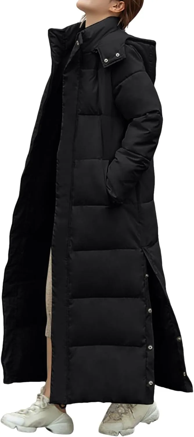 Women's Full Length Winter Warm Puffer Coats Side Split Stand Collar Down Jackets Windproof Outerwear with Pockets