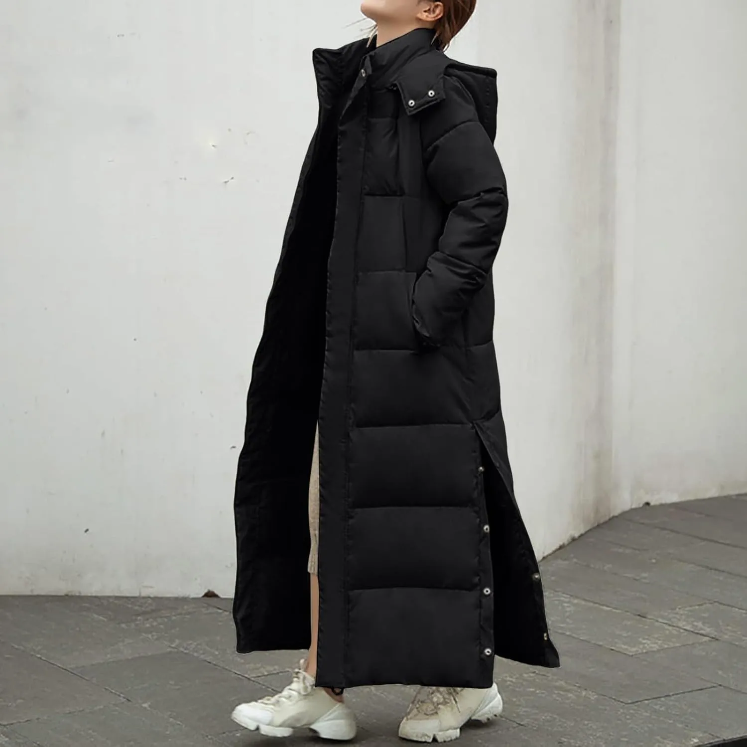 Women's Full Length Winter Warm Puffer Coats Side Split Stand Collar Down Jackets Windproof Outerwear with Pockets