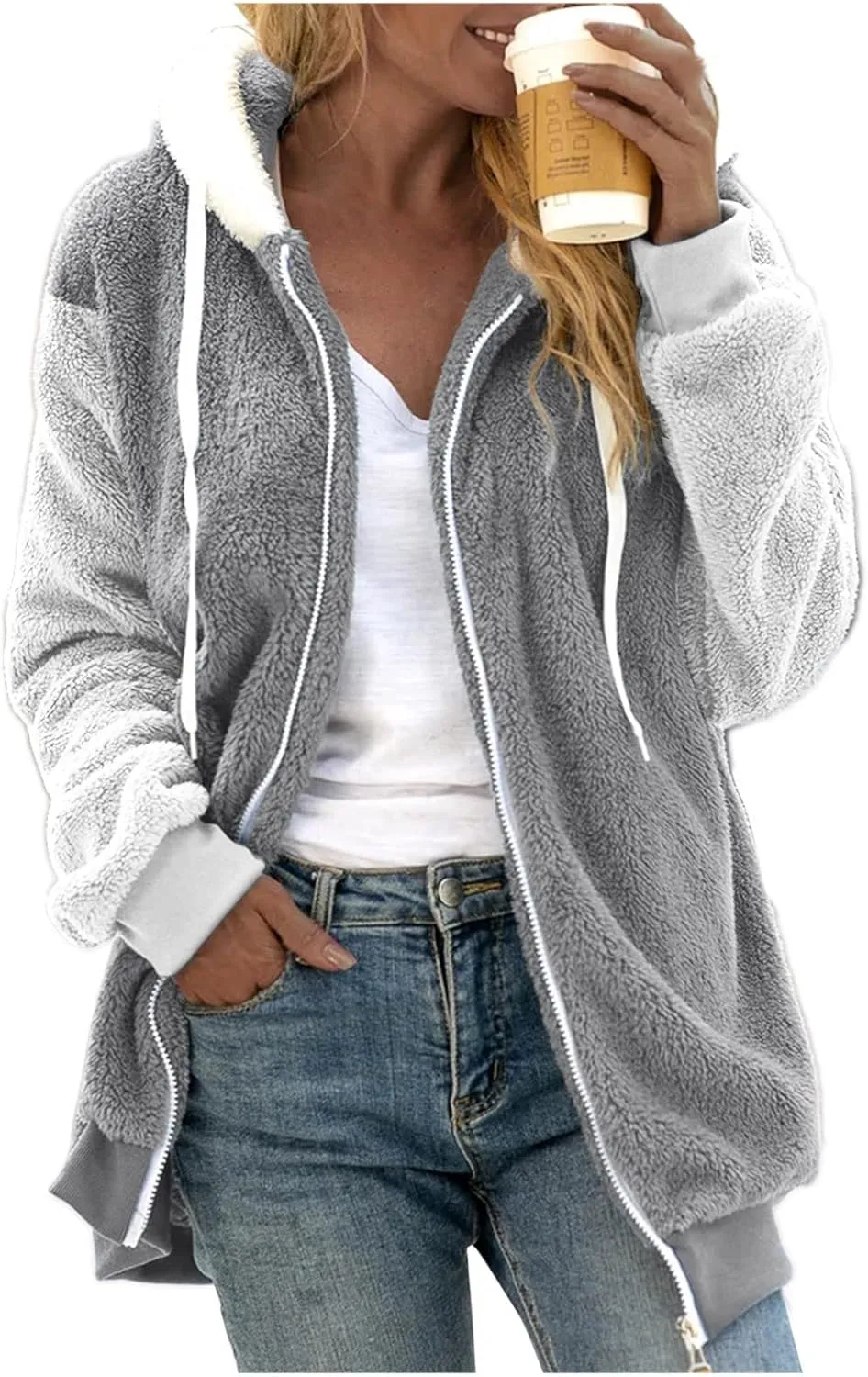 Womens Fuzzy Fleece Jacket Winter Warm Hooded Color Block Patchwork Coats Full Zip Sherpa Outerwear with Pockets