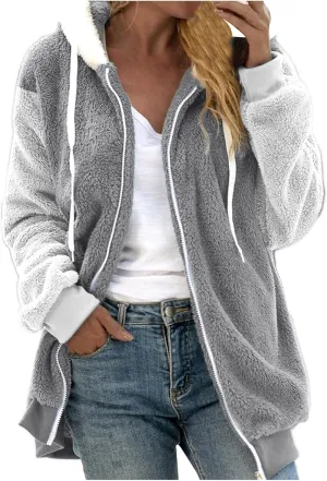 Womens Fuzzy Fleece Jacket Winter Warm Hooded Color Block Patchwork Coats Full Zip Sherpa Outerwear with Pockets