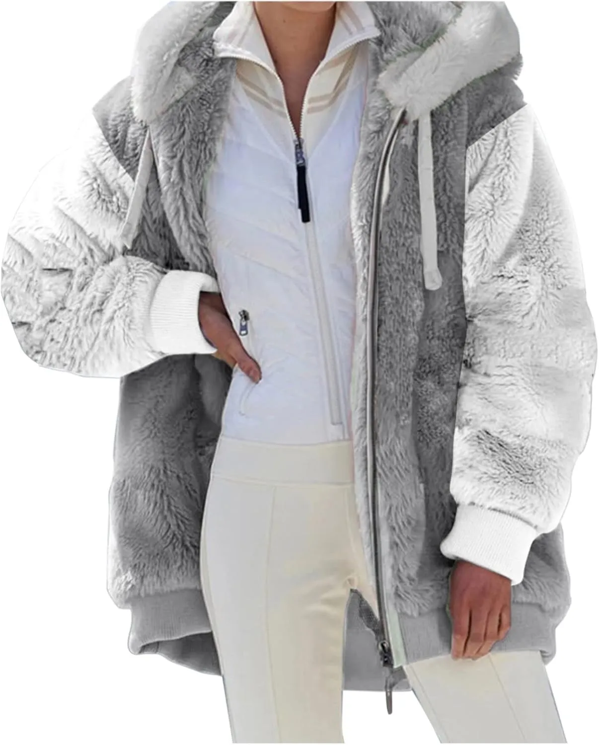 Womens Fuzzy Fleece Jacket Winter Warm Hooded Color Block Patchwork Coats Full Zip Sherpa Outerwear with Pockets