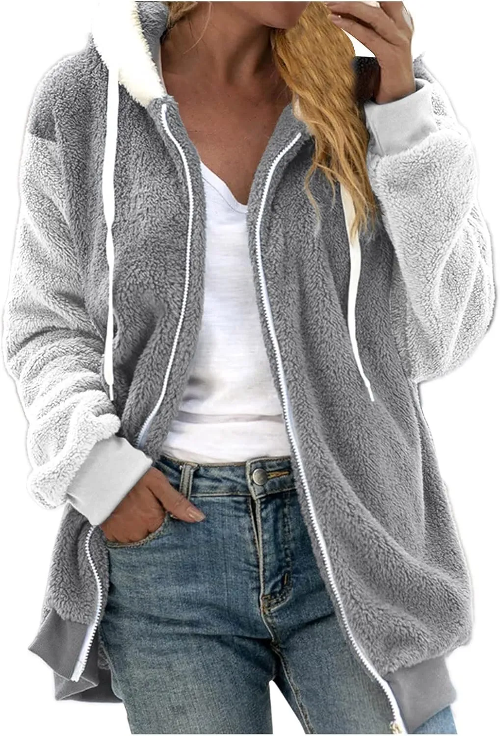 Womens Fuzzy Fleece Jacket Winter Warm Hooded Color Block Patchwork Coats Full Zip Sherpa Outerwear with Pockets