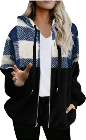 Womens Fuzzy Hooded Jacket Warm Winter Coats Plaid Color Block Zip Up Hoodie Plush Jackets Casual Outerwear